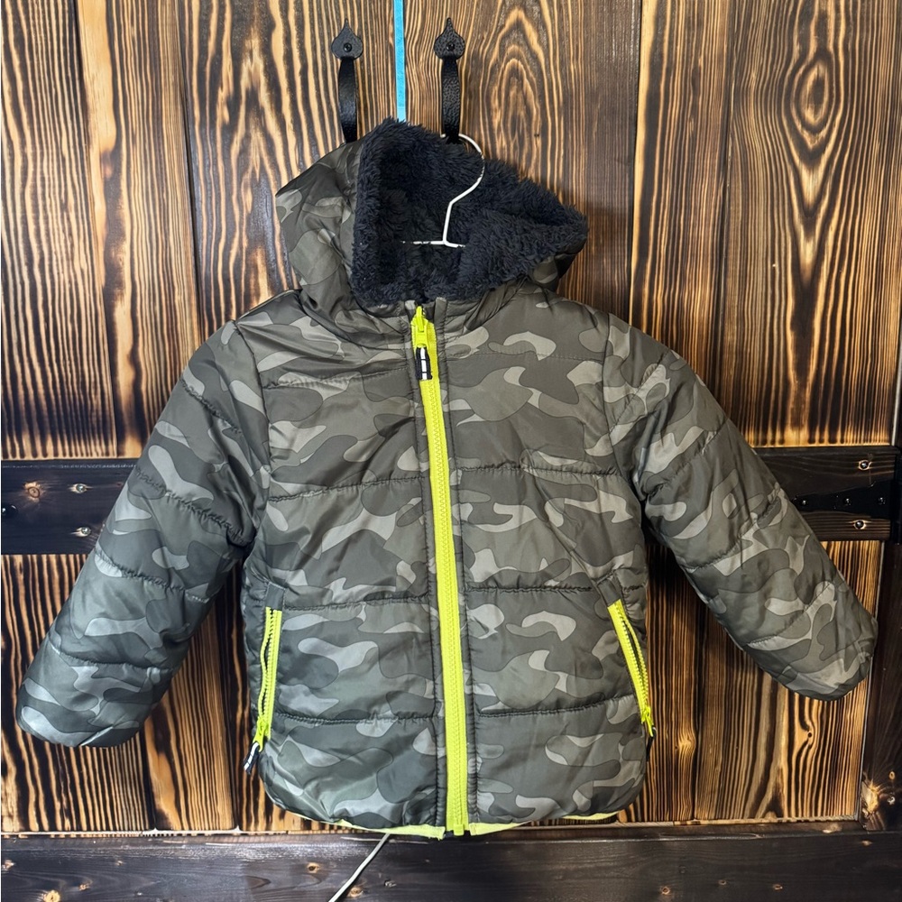 Camouflage Puffer Jacket with Neon Accents
